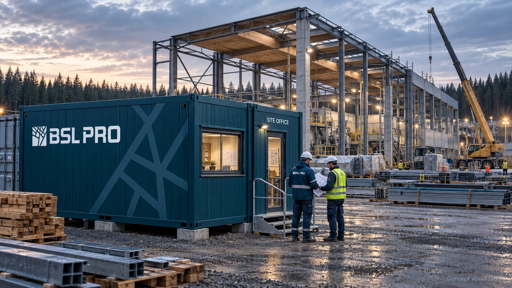 BSL PRO temporary site office concept with the logo and linear graphics on a teal modular unit.