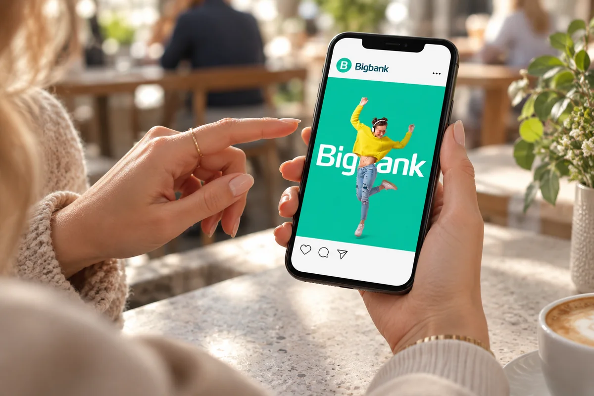 Bigbank sociālo tīklu koncepcija tālruņa ekrānā, ko divas apmeklētājas aplūko kafejnīcā