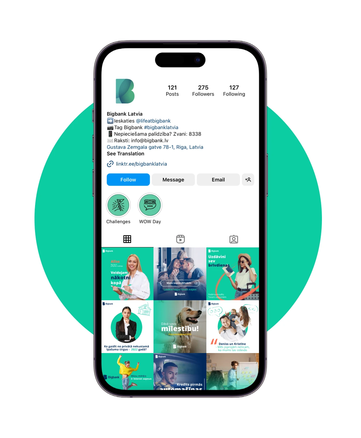 Bigbank Instagram profile feed concept shown on a smartphone