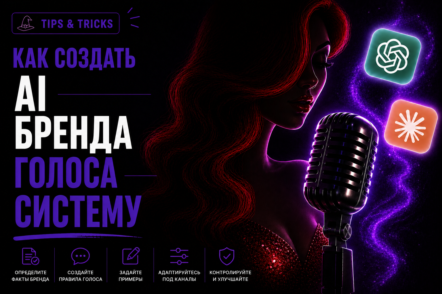Темная панель системы голоса бренда с правилами, двумя черновиками и оценкой качества