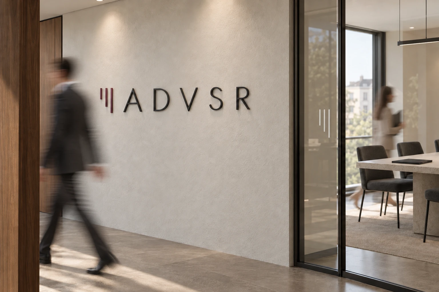 ADVSR logo on a light office wall, with people passing by in soft motion blur.