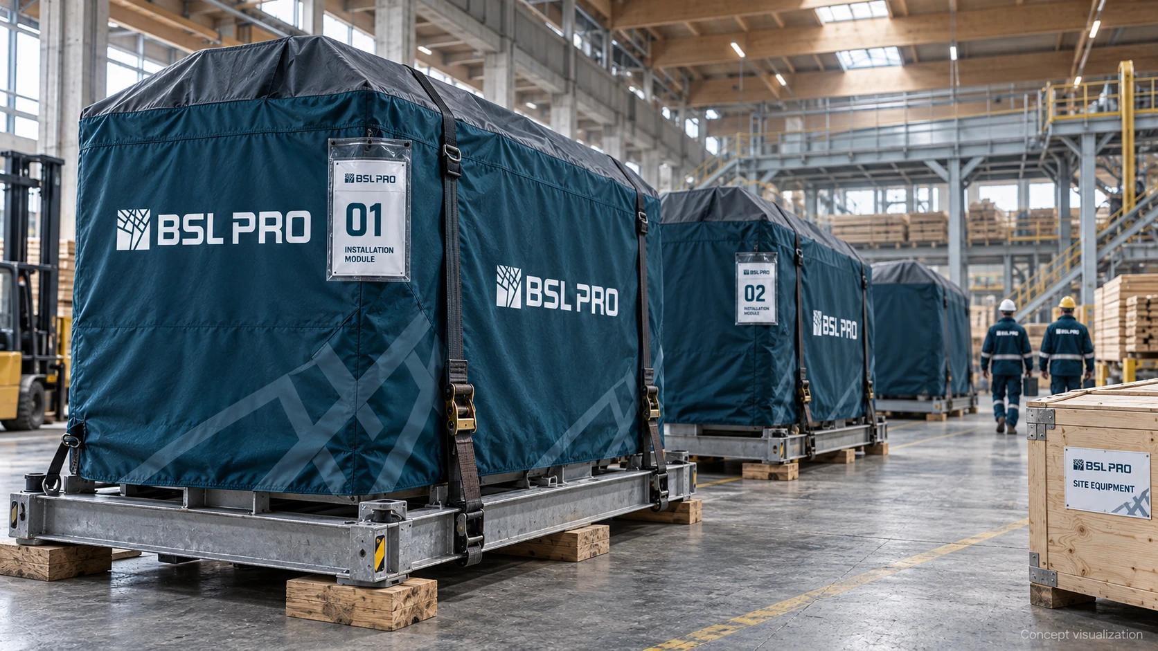 BSL PRO protective cover and equipment crate concepts featuring the logo, brand graphics and numbered module labels.