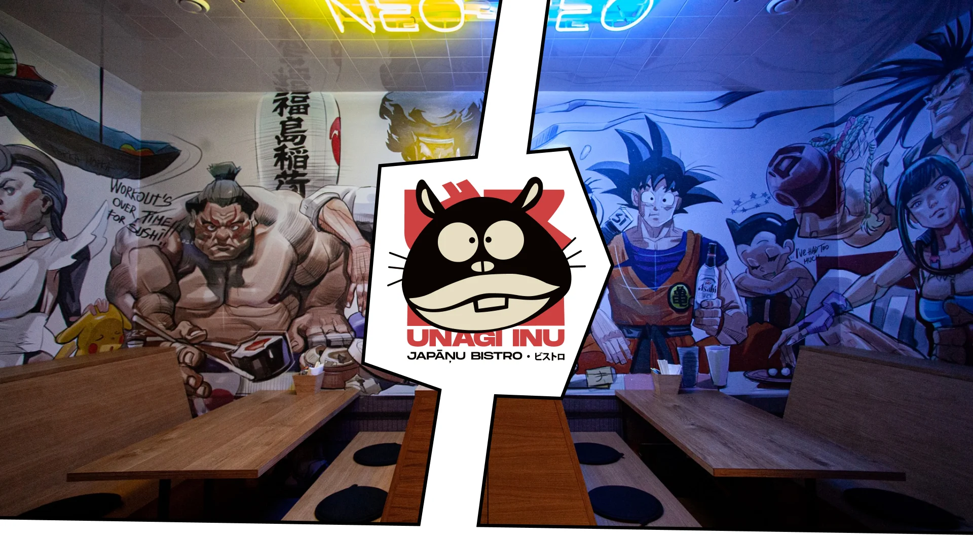 Unagi Inu restorāna interjers ar manga tēliem