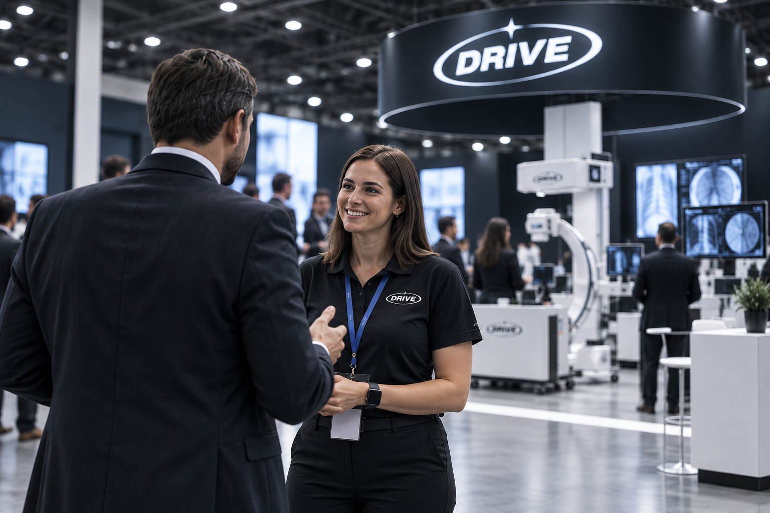 AI radīta divu cilvēku saruna pie konceptuālā DRIVE izstādes stenda