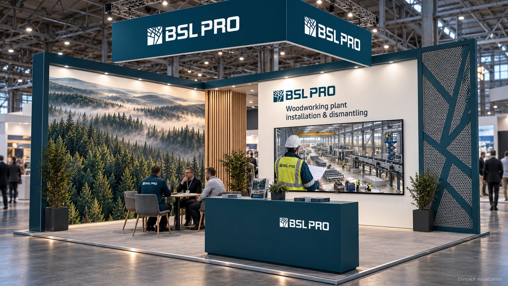 BSL PRO exhibition stand concept with prominent branding, forest imagery and an industrial installation visual.