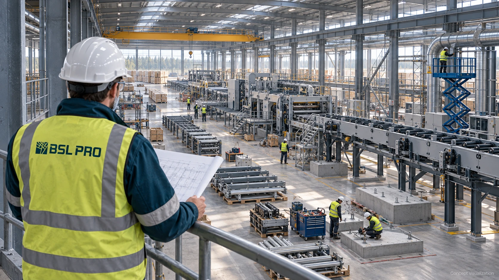 Concept scene of production line installation with a specialist in a BSL PRO vest overlooking an industrial hall.