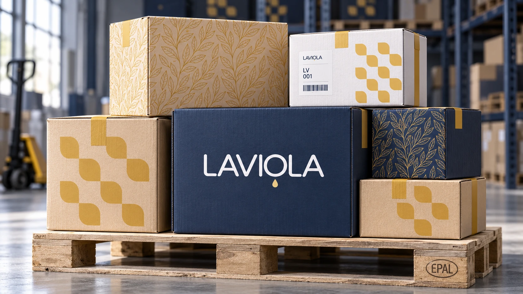 Концепция упаковки Laviola: коробки с логотипом, жёлтым геометрическим и растительным паттернами.