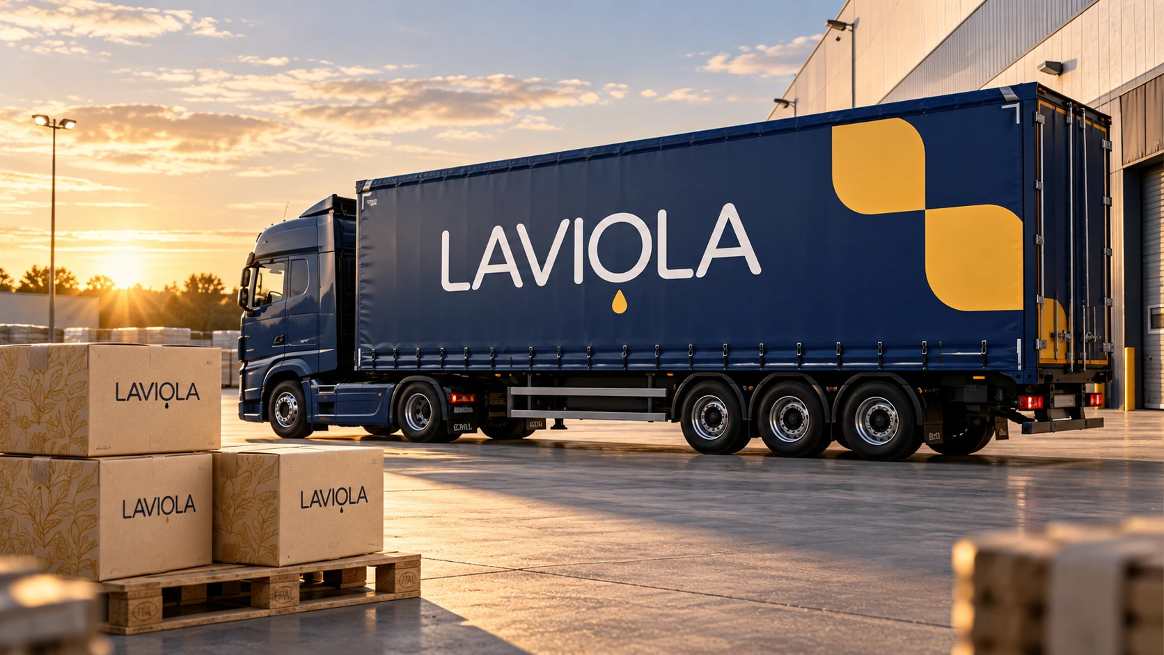 Визуализация фирменного стиля Laviola на тёмно-синем грузовике с жёлтой графикой.