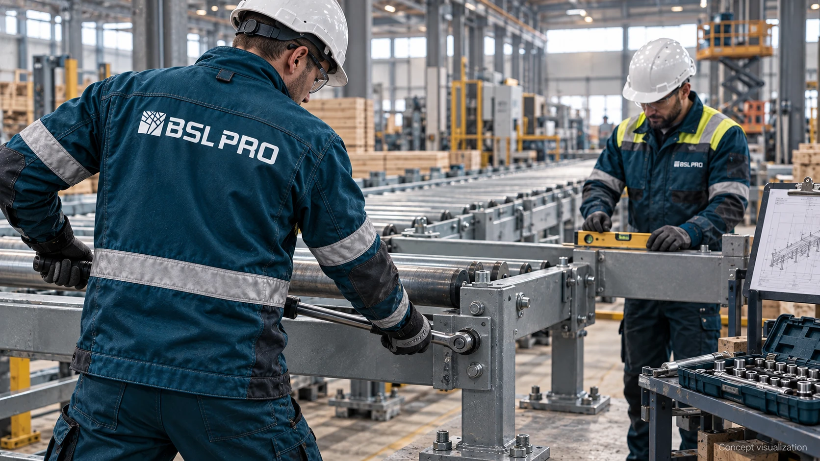 Concept scene of installation work with two specialists wearing BSL PRO branded workwear.