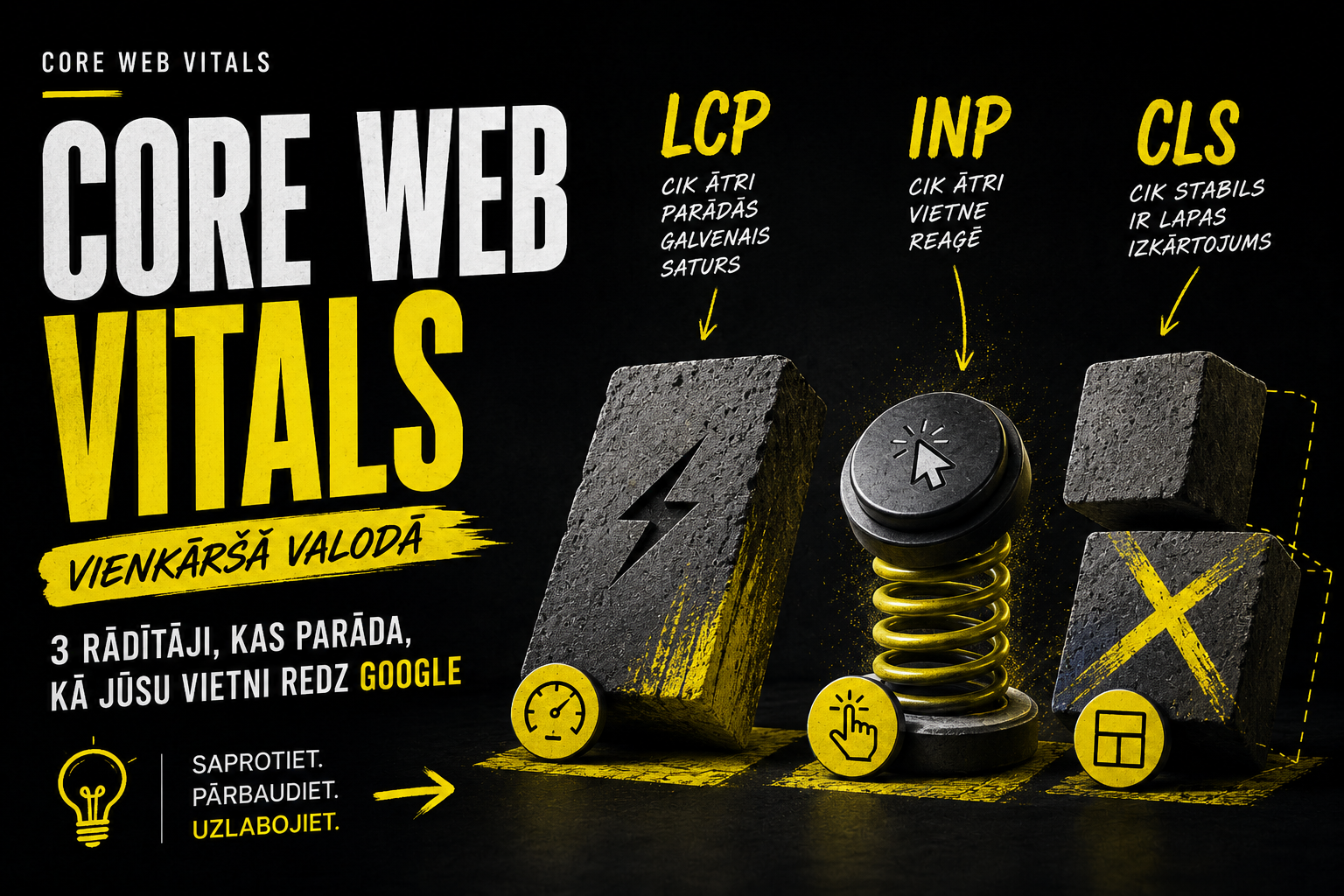 Core Web Vitals vienkāršā valodā: LCP, INP un CLS rādītāji