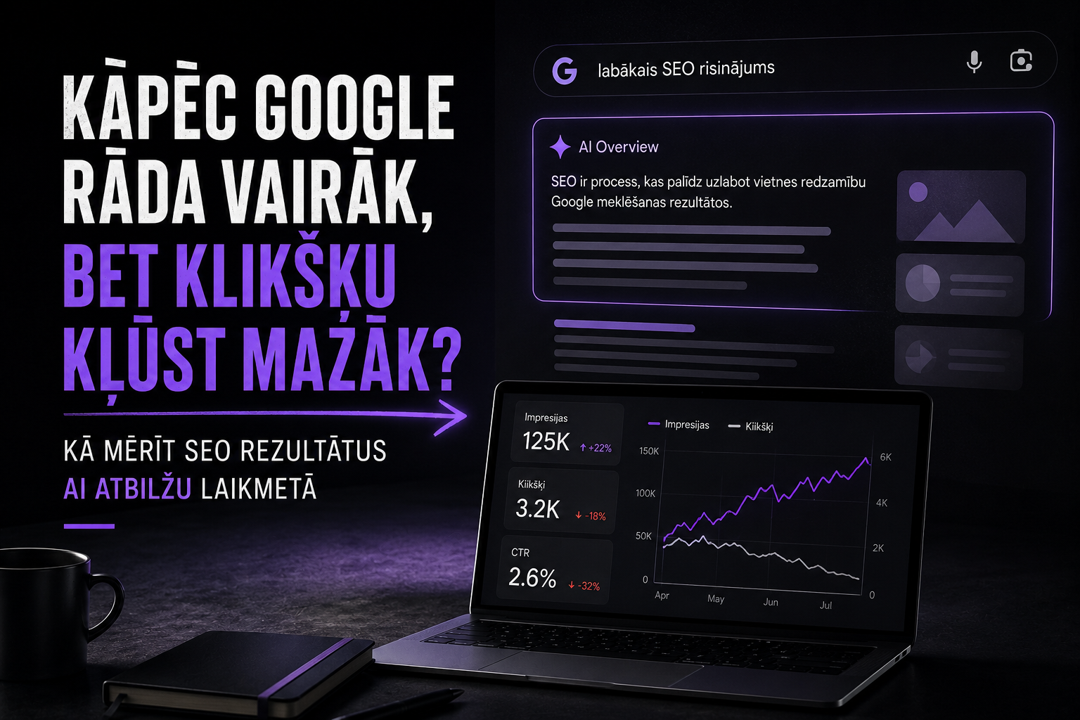 Kāpēc Google rāda vairāk, bet klikšķu kļūst mazāk? Kā mērīt SEO rezultātus AI atbilžu laikmetā