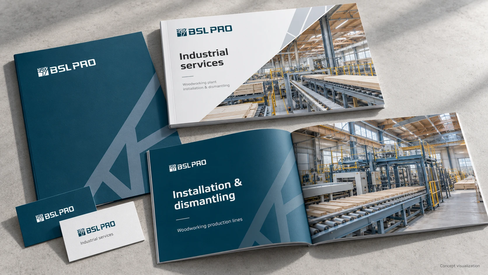 BSL PRO business material concepts: a folder, business cards and brochures about woodworking plant installation.