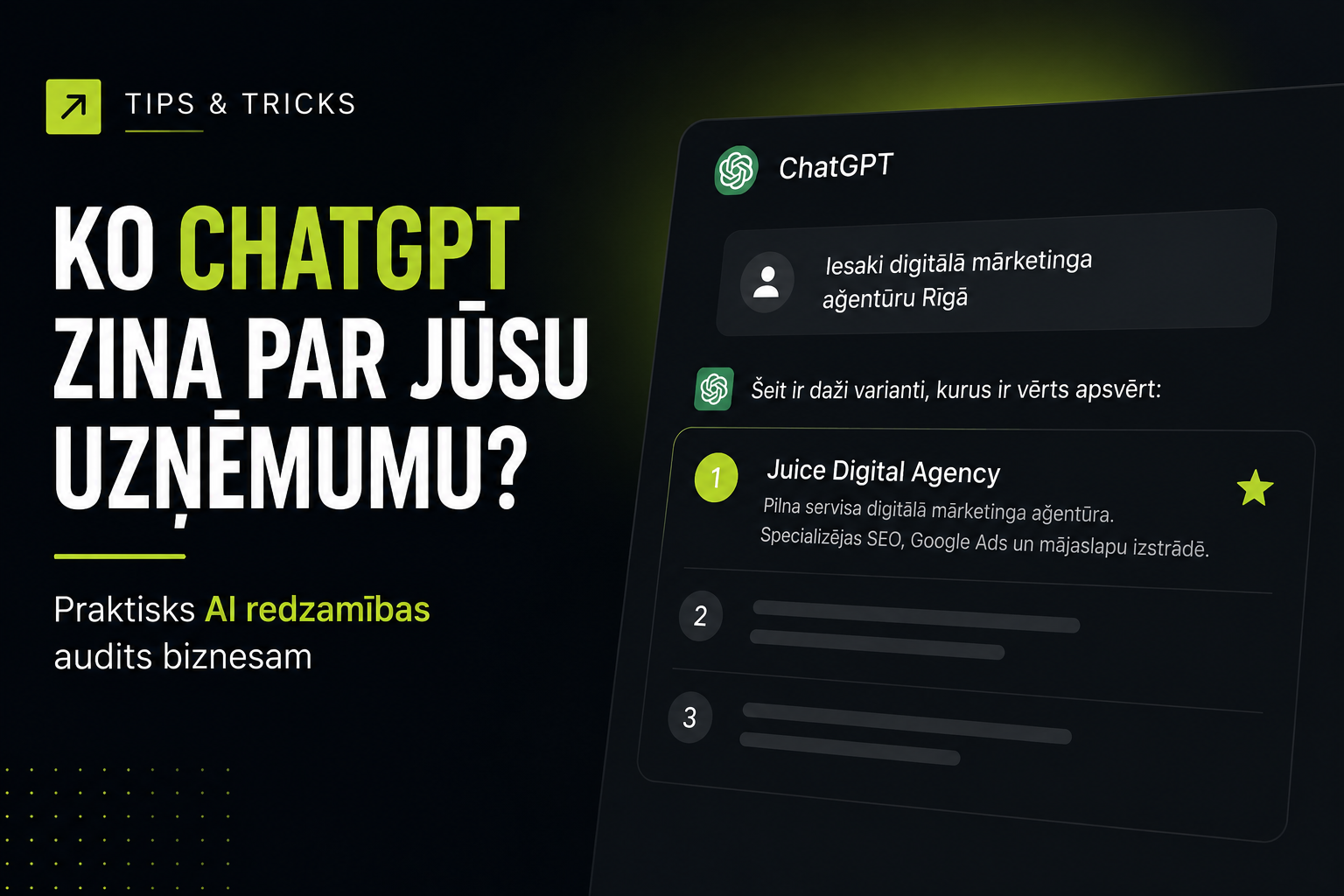 ChatGPT saruna, kurā AI iesaka digitālā mārketinga aģentūru