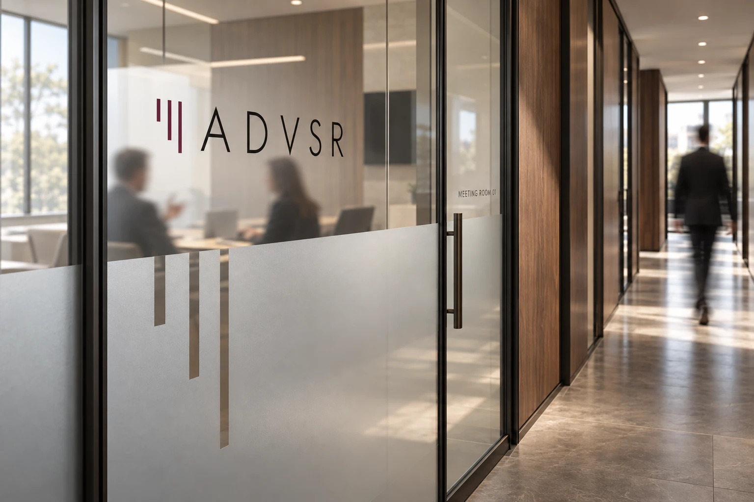 ADVSR logo and vertical graphics on a glass partition in an office corridor.