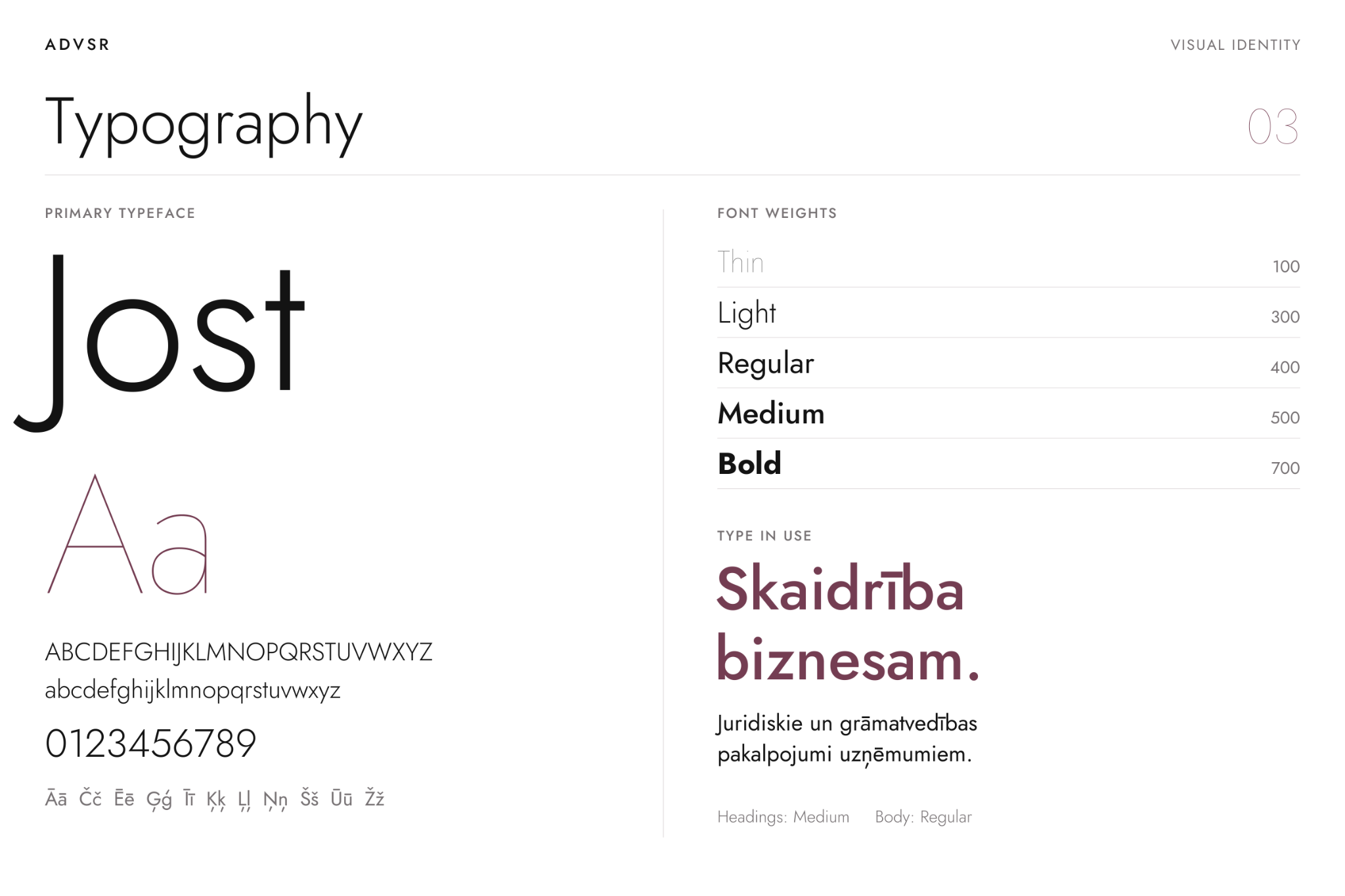 ADVSR typography: Jost Thin, Light, Regular, Medium and Bold, with a heading and body text example.