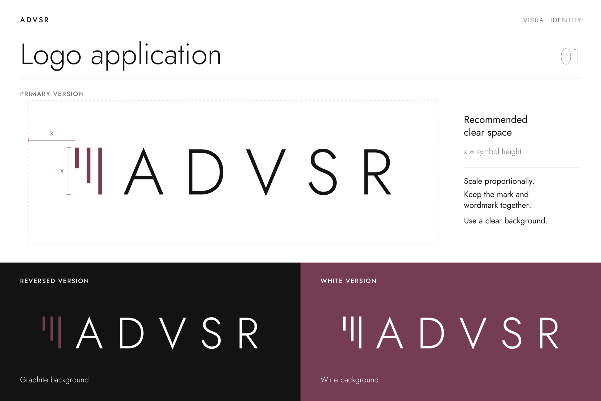 ADVSR logo applications on white, graphite and wine backgrounds, with recommended clear space.