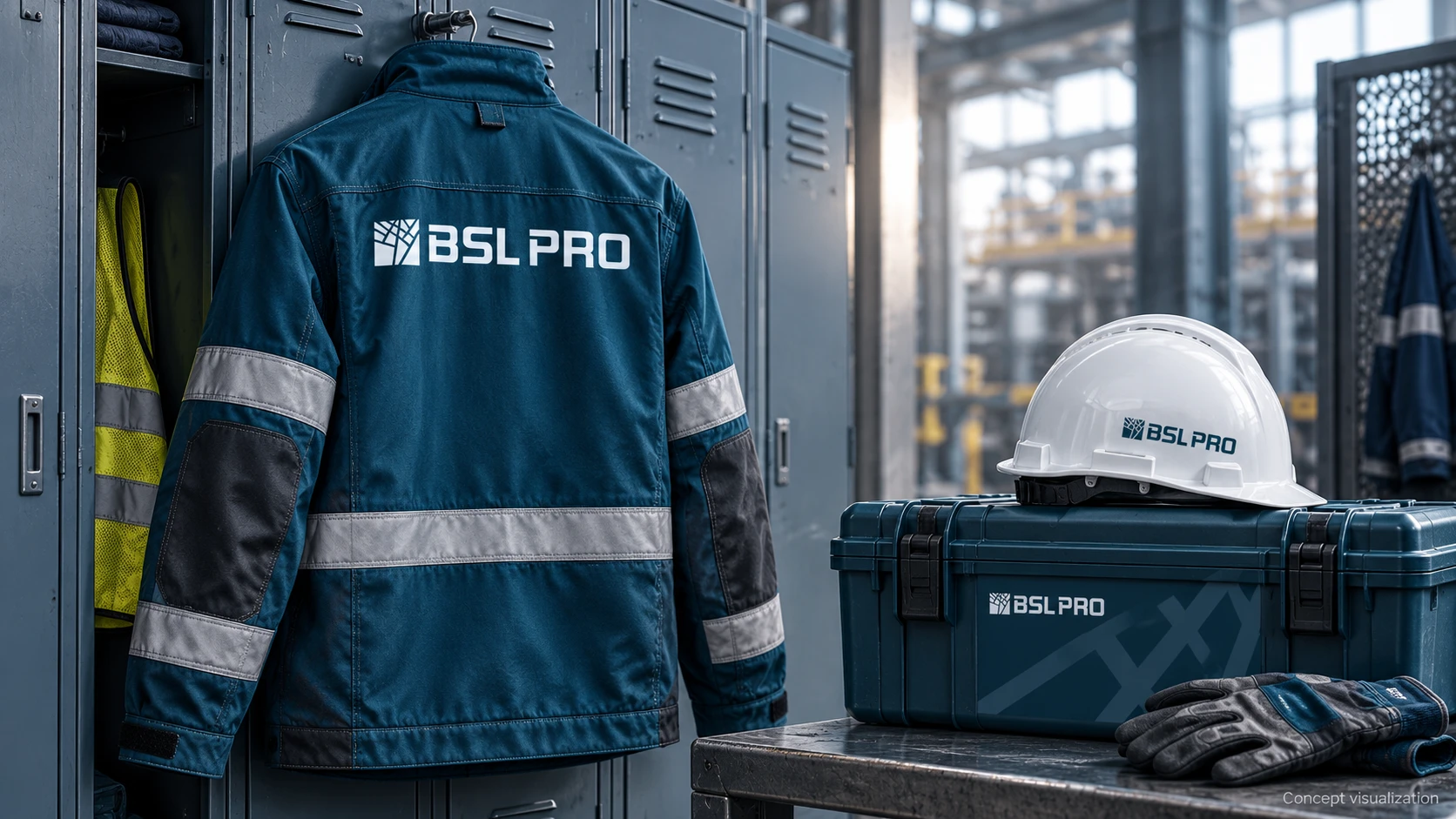 Concept visualisation of the BSL PRO identity on a work jacket, white hard hat and tool case.