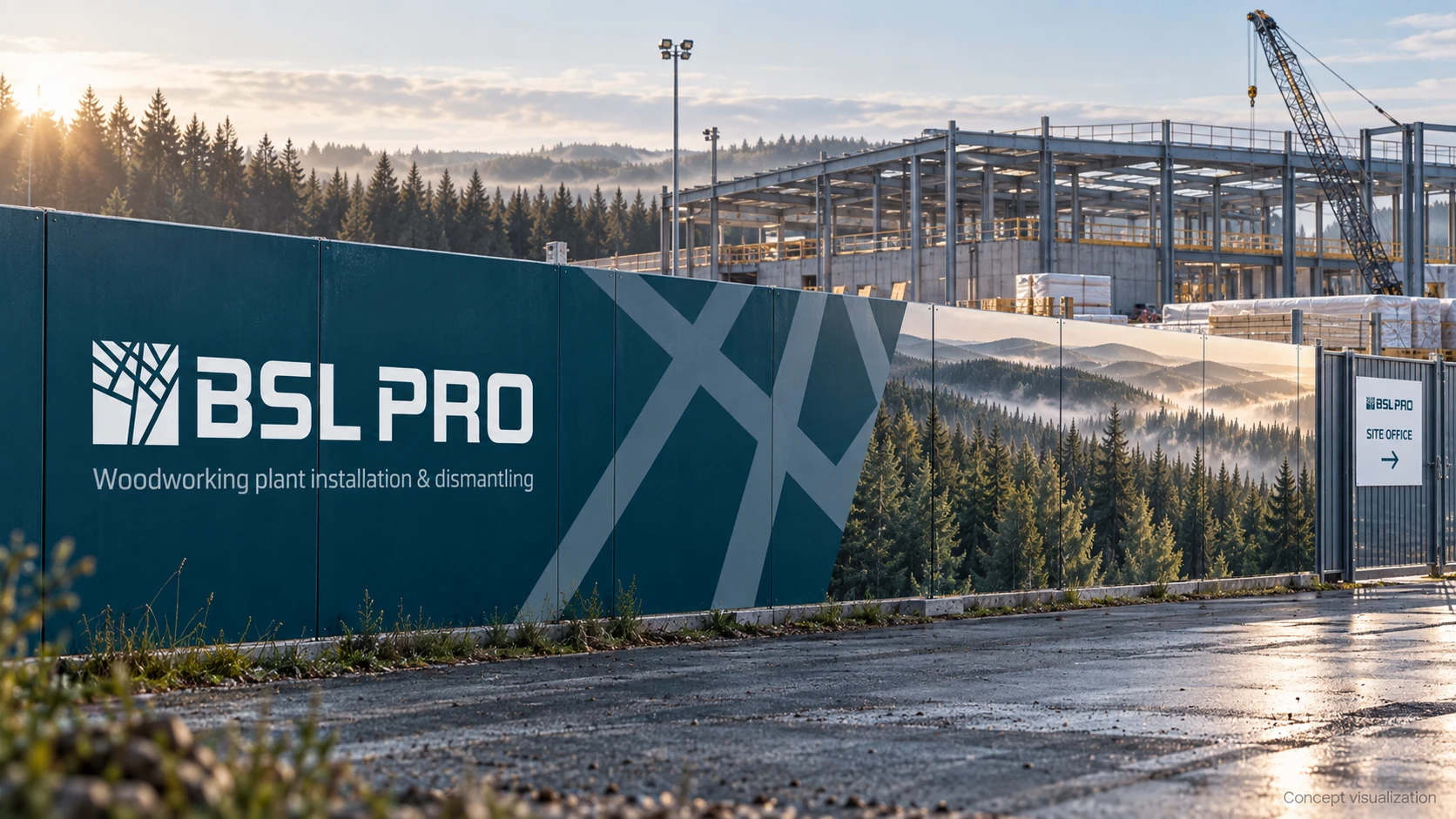 BSL PRO site hoarding concept with the logo, installation services descriptor, geometric graphics and forest imagery.
