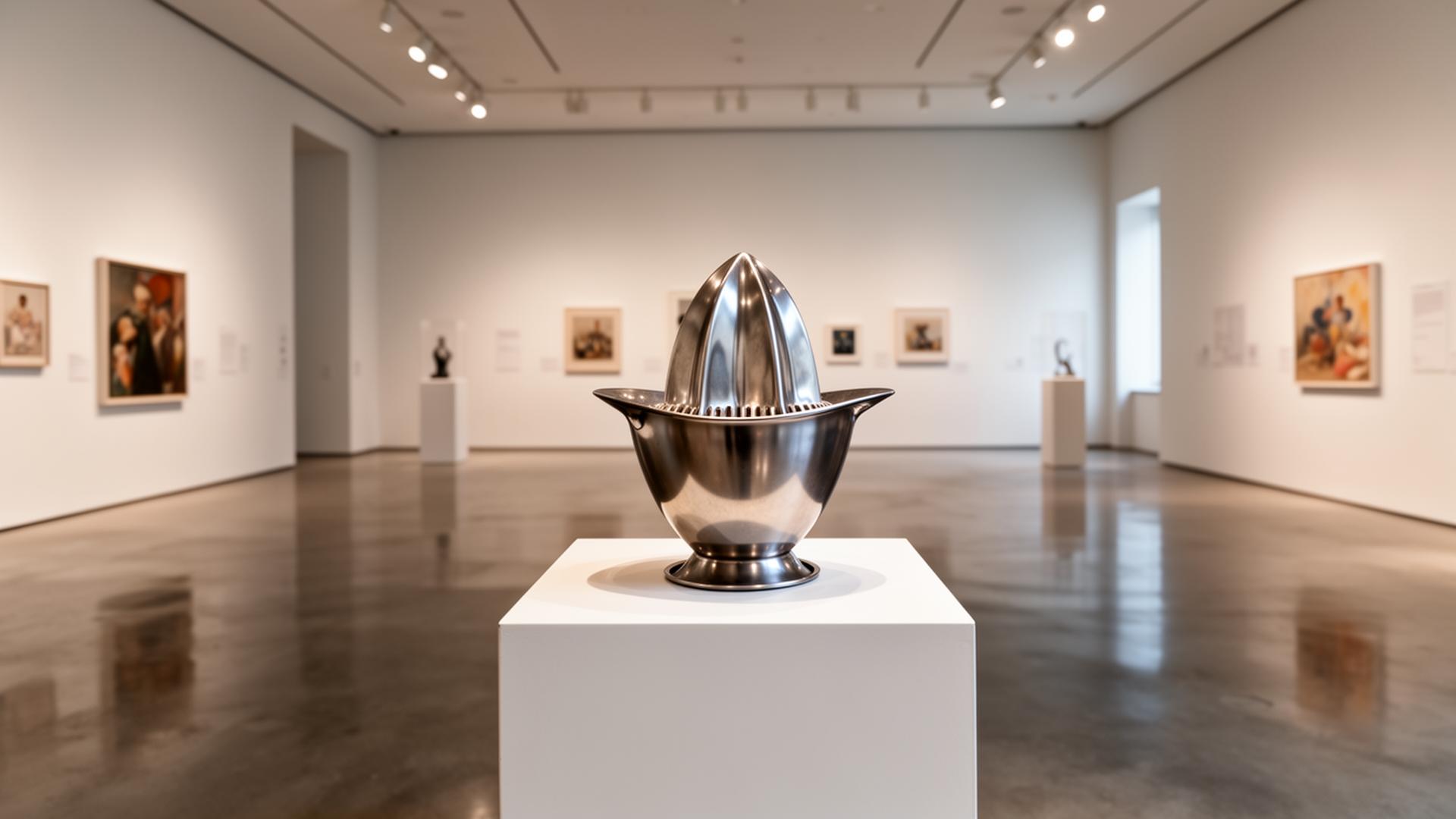 Juicy Salif on a pedestal inside a contemporary art museum