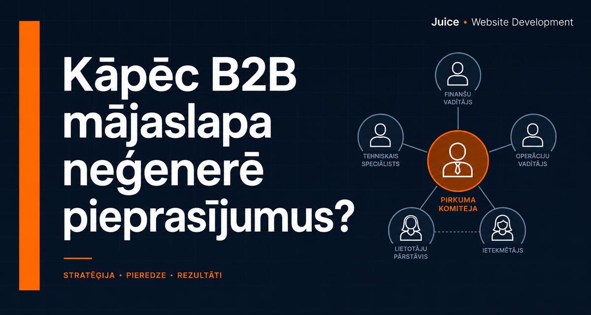 Pulēta B2B mājaslapa blakus pircēju komitejas pierādījumu kartei - Juice raksts par B2B lead ģenerēšanu